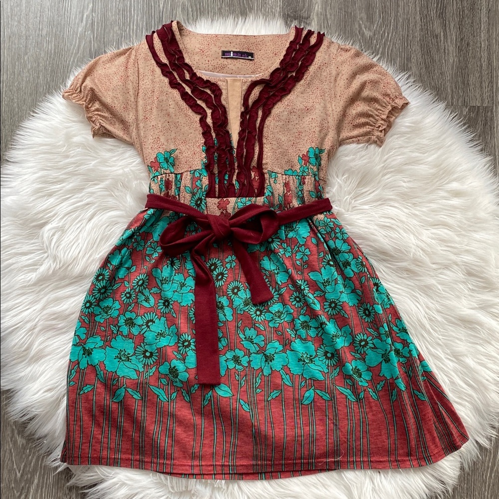 Mina UK Whimsy Twee 1990s Vintage Floral Patterned Dress with Burgundy Accents - Picture 2 of 8